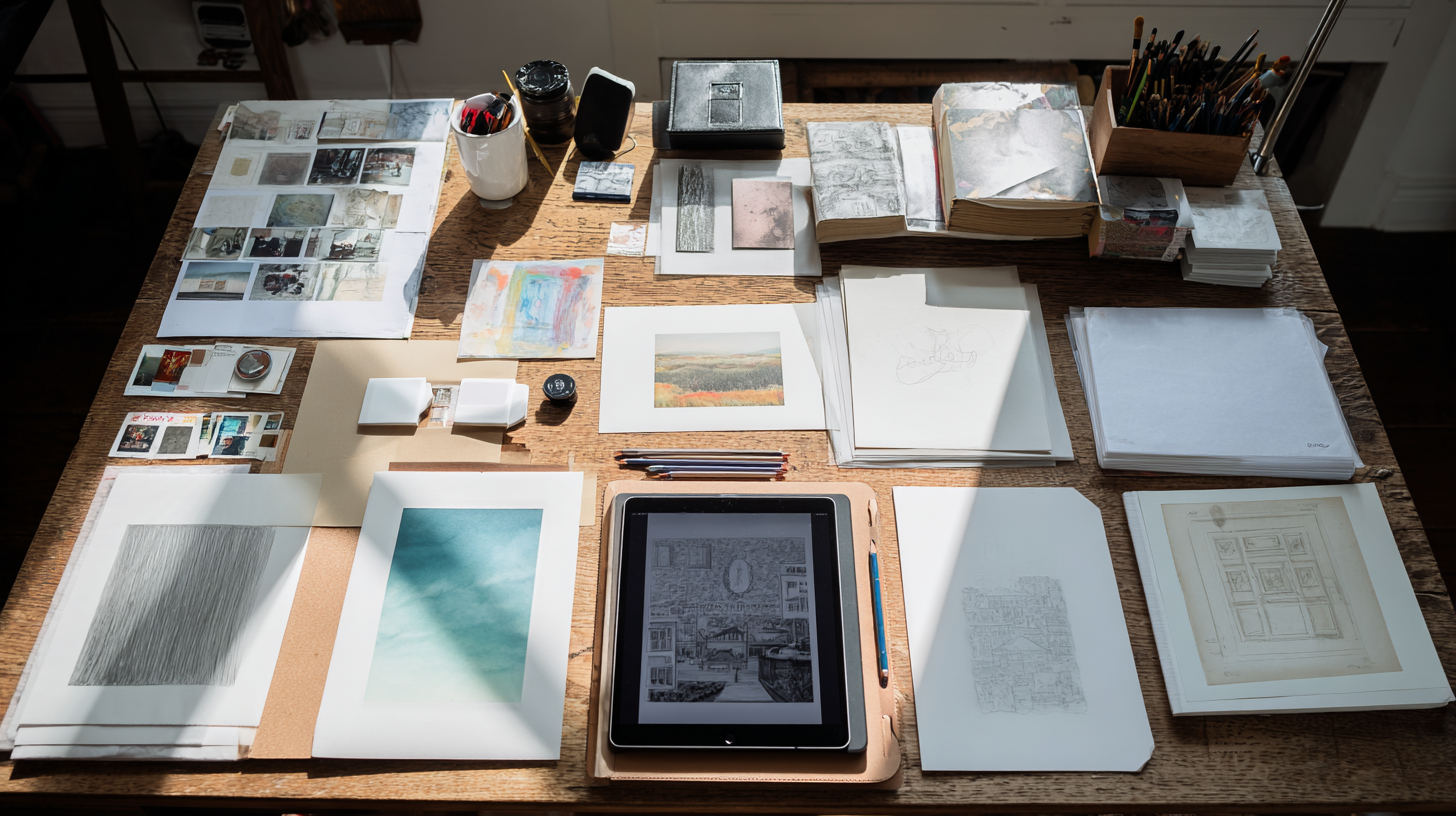Artist's workspace flat lay showing digital art portfolio creation process with tablet, organized artwork prints, and copyright documents for licensing preparation