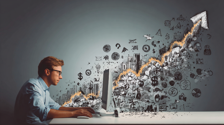 Artist at computer building digital art licensing business; artwork morphs into revenue streams, networking icons and social media symbols depicting diversified income growth.