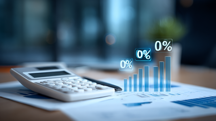Calculator and pricing charts with digital artwork and floating percentage symbols showing royalty rates for digital art licensing business planning