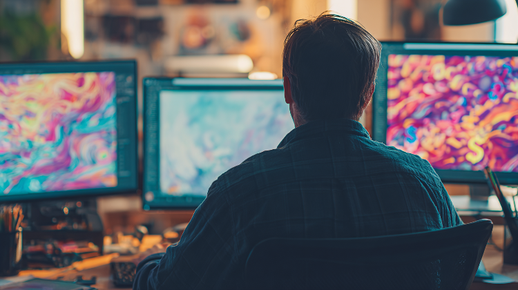 Digital art licensing workspace showing artist creating passive income streams from digital paintings, revenue visualization with dollar signs and screens
